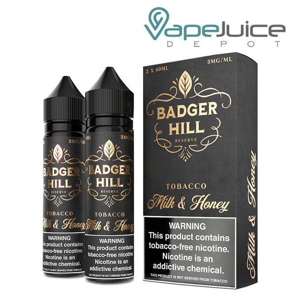Two 60ml bottles of Milk & Honey Badger Hill Reserve with a warning sign and a box next to it - Vape Juice Depot