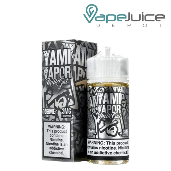 A box of Milkgat Yami Vapor eLiquid and a 100ml bottle with a warning sign next to it - Vape Juice Depot