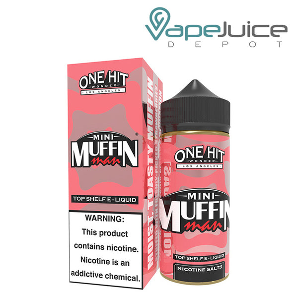 A box of Mini Muffin Man One Hit Wonder with a warning sign and a 100ml bottle next to it - Vape Juice Depot