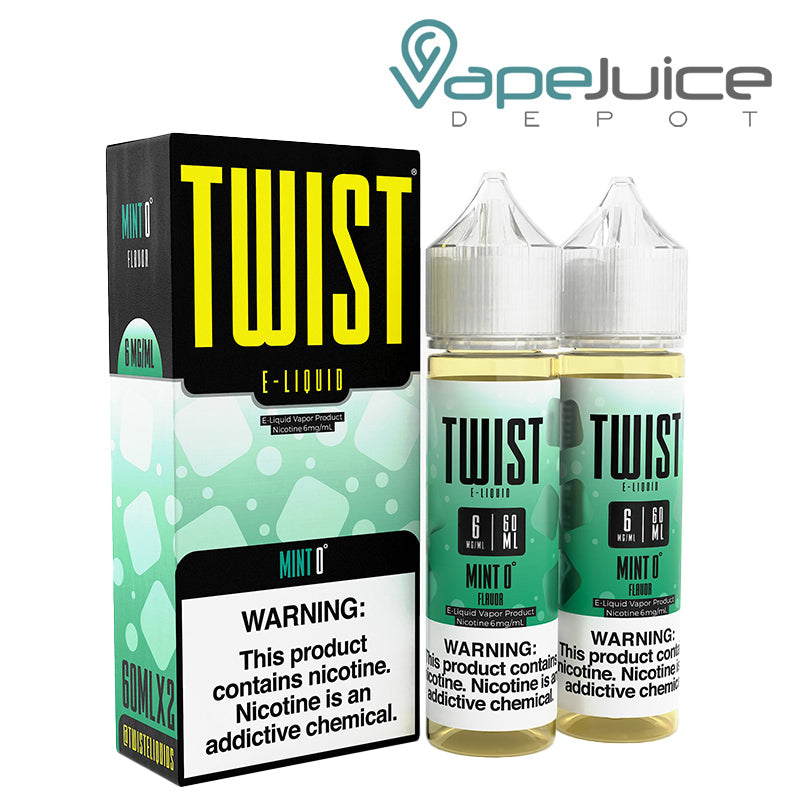 A box of Mint 0° Twist 6mg E-Liquid with a warning sign and two 60ml bottles next to it - Vape Juice Depot
