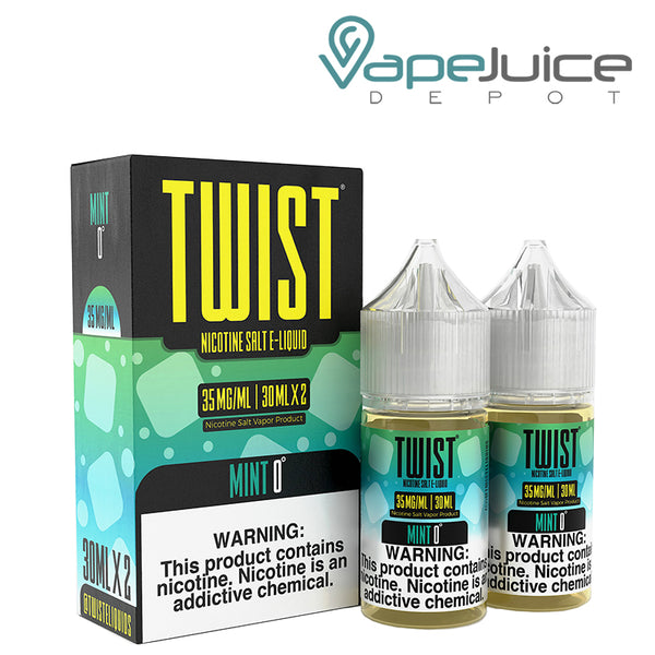 A box of Mint 0° Twist Salt 35mg E-Liquid with a warning sign and two 30ml bottles next to it - Vape Juice Depot