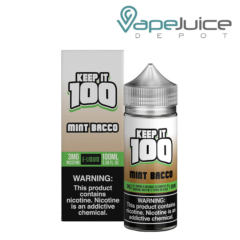 A box of Mint Bacco Keep it 100 TFN eLiquid with a warning sign and a 100ml bottle next to it - Vape Juice Depot