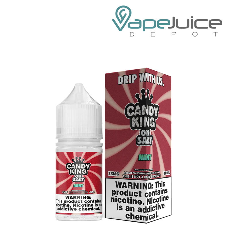 A 30ml bottle of Mint Candy King On Salt and a box with a warning sign next to it - Vape Juice Depot