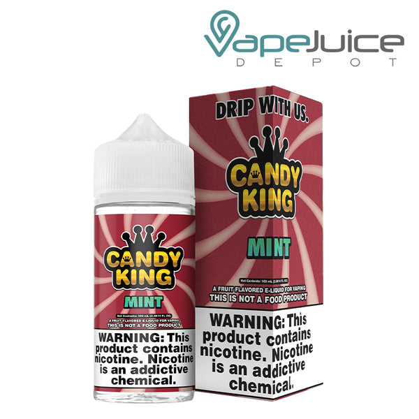 A 100ml bottle of Mint Candy King eLiquid with a warning sign and a box next to it - Vape Juice Depot