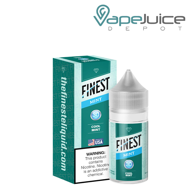 A box of Cool Mint Finest SaltNic Series with a warning sign and a 30ml 30mg bottle next to it - Vape Juice Depot