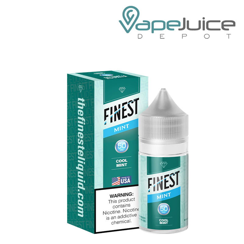 A box of Cool Mint Finest SaltNic Series with a warning sign and a 30ml 50mg bottle next to it - Vape Juice Depot