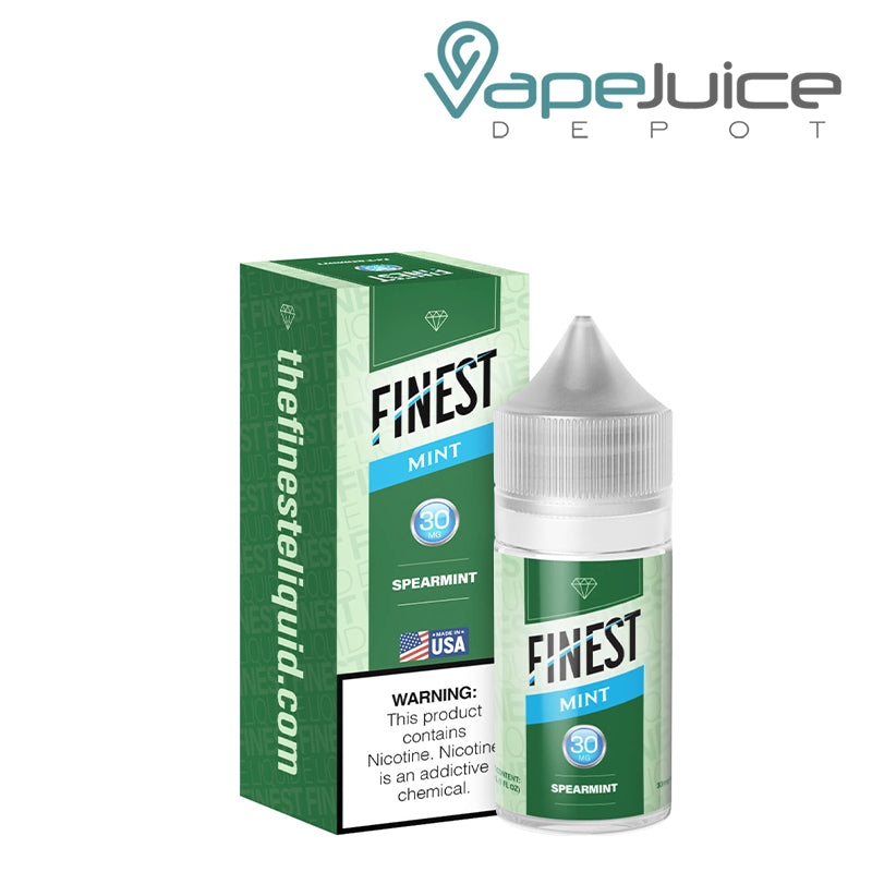 A Box of Spearmint The Finest Salt Nic with a warning sign and a 30ml 30mg bottle next to it - Vape Juice Depot