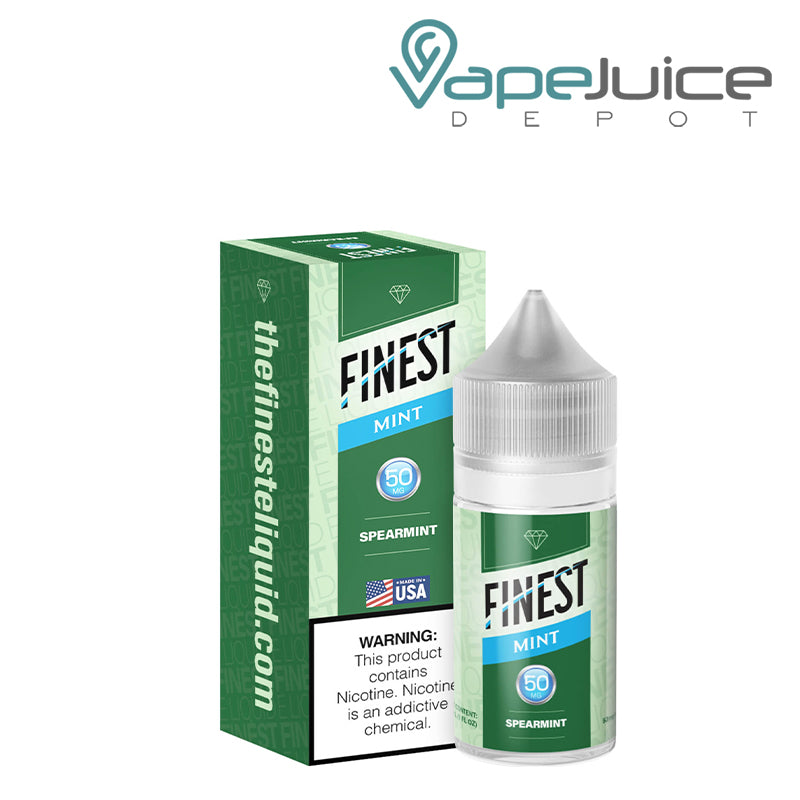 A Box of Spearmint The Finest Salt Nic with a warning sign and a 30ml 50mg bottle next to it - Vape Juice Depot