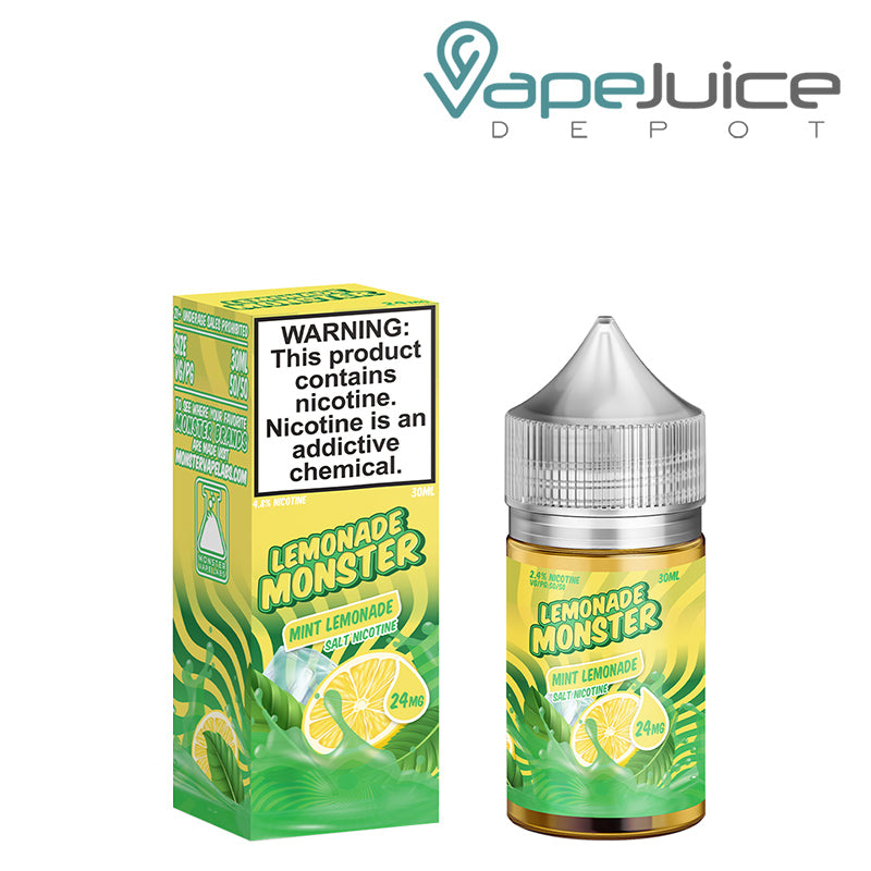 A box of Mint Lemonade Lemonade Monster Salt with a warning sign and a 30ml bottle next to it - Vape Juice Depot