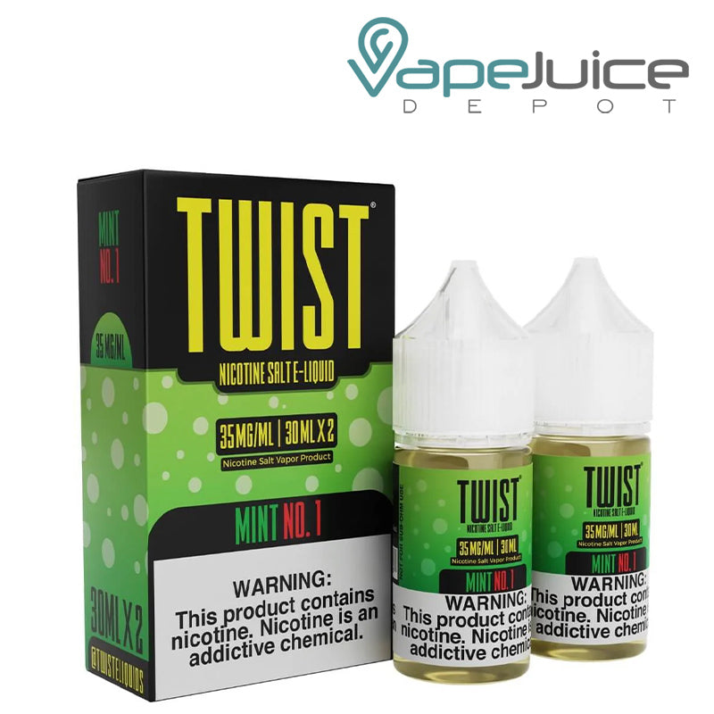 A Box of Mint No. 1 Twist Salt E-Liquid with a next to two 30ml bottles - warning sign