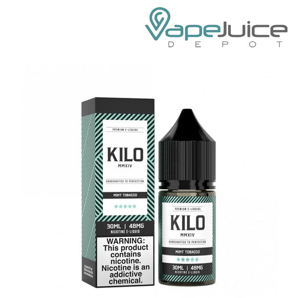 A box of Mint Tobacco Salts Kilo eLiquid with a warning sign and a 30ml bottle next to it - Vape Juice Depot