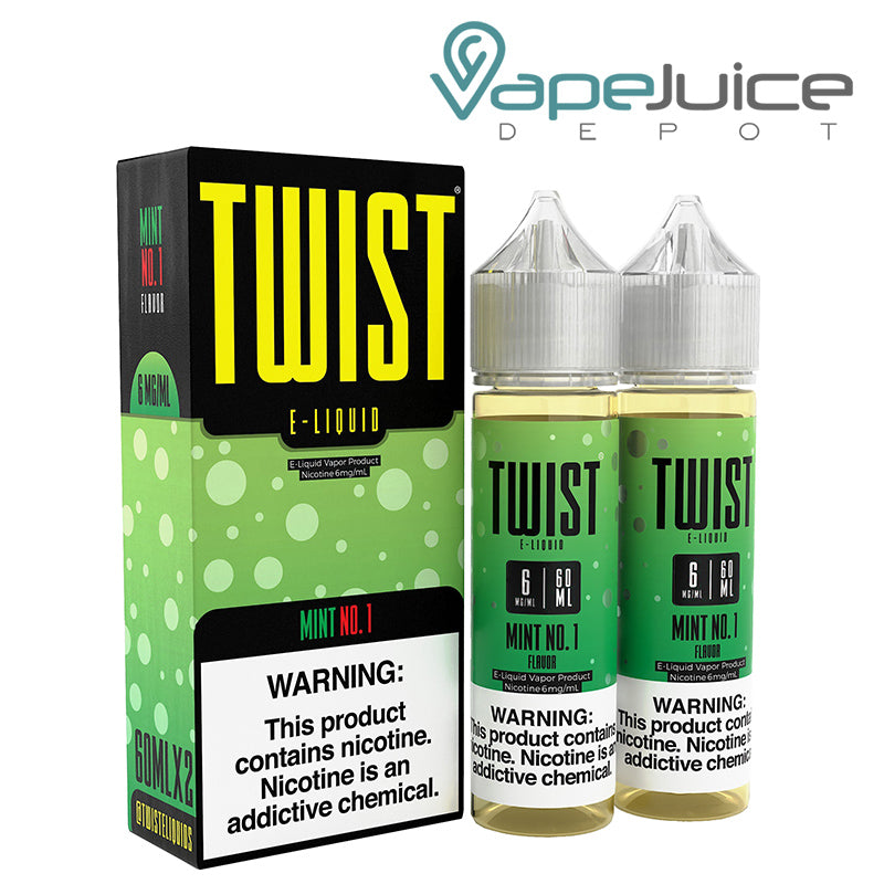 A box of Mint No 1 Twist 6mg E-Liquid with a warning sign and two 60ml bottles next to it - Vape Juice Depot