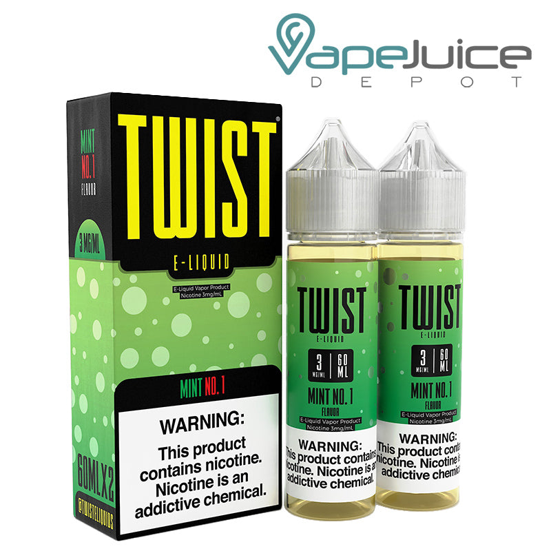 A box of Mint No 1 Twist 3mg E-Liquid with a warning sign and two 60ml bottles next to it - Vape Juice Depot