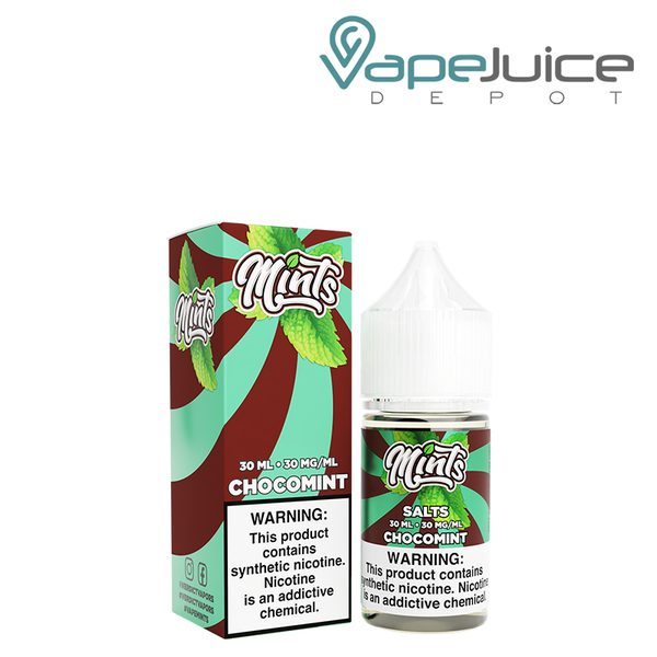 A box of Mints Salts Chocomint eLiquid with a warning sign and a 30ml bottle next to it - Vape Juice Depot