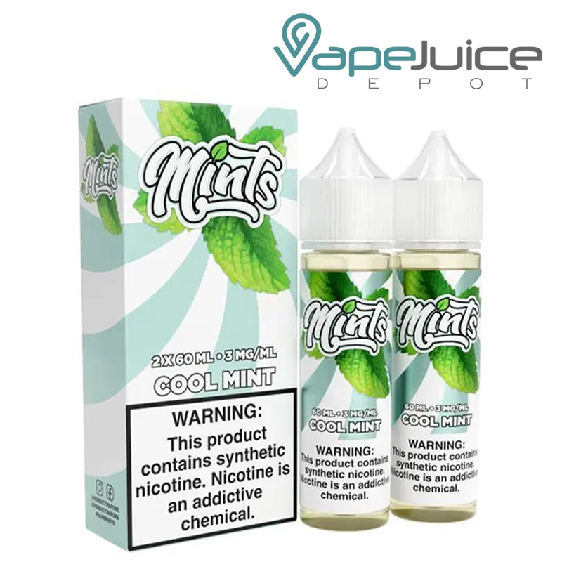 A Box of Cool Mint Mints eLiquid with a warning sign next to its two 60ml bottles - Vape Juice Depot