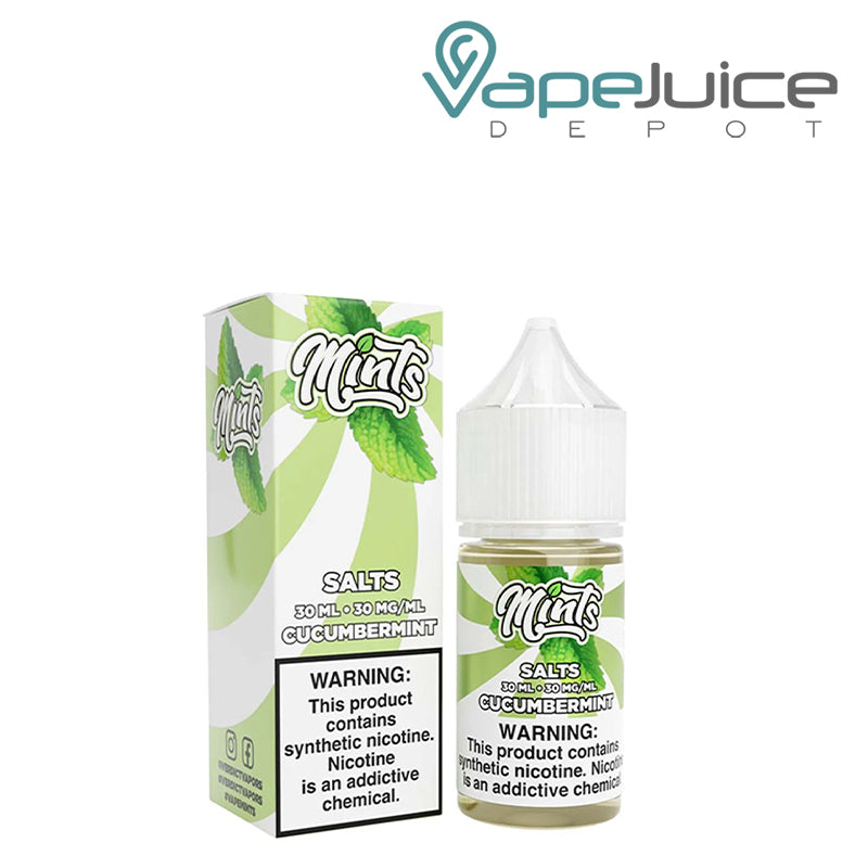 A Box of Cucumbermint Mints Salt eLiquid with a warning sign next to its 30ml bottle - Vape Juice Depot