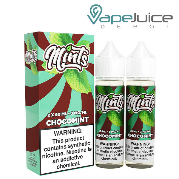 A box of Mints e-Liquid Chocomint Twin Pack with a warning sign and two 60ml bottles next to it - Vape Juice Depot