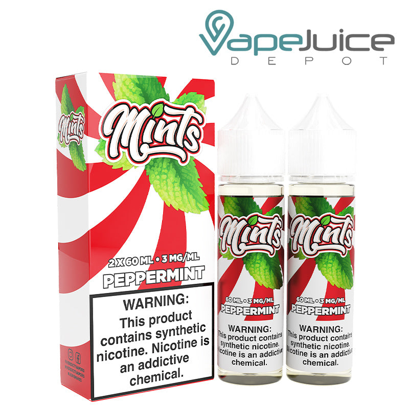 A box of Mints e-Liquid Peppermint with a warning sign and two 60ml bottles next to it - Vape Juice Depot