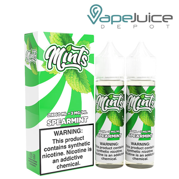 A box of Mints e-Liquid Spearmint with a warning sign and two 60ml bottles next to it - Vape Juice Depot