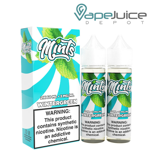 A box of Mints e-Liquid Wintergreen with a warning sign and two 60ml bottles next to it - Vape Juice Depot