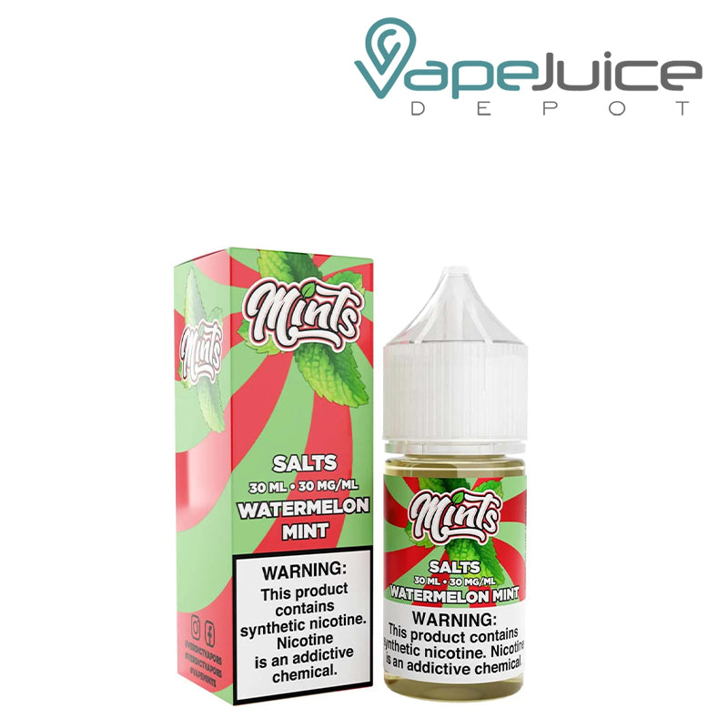 A Bottle of Watermelon mint Mints Salt eLiquid with a warning sign next to its 30ml bottle - Vape Juice Depot