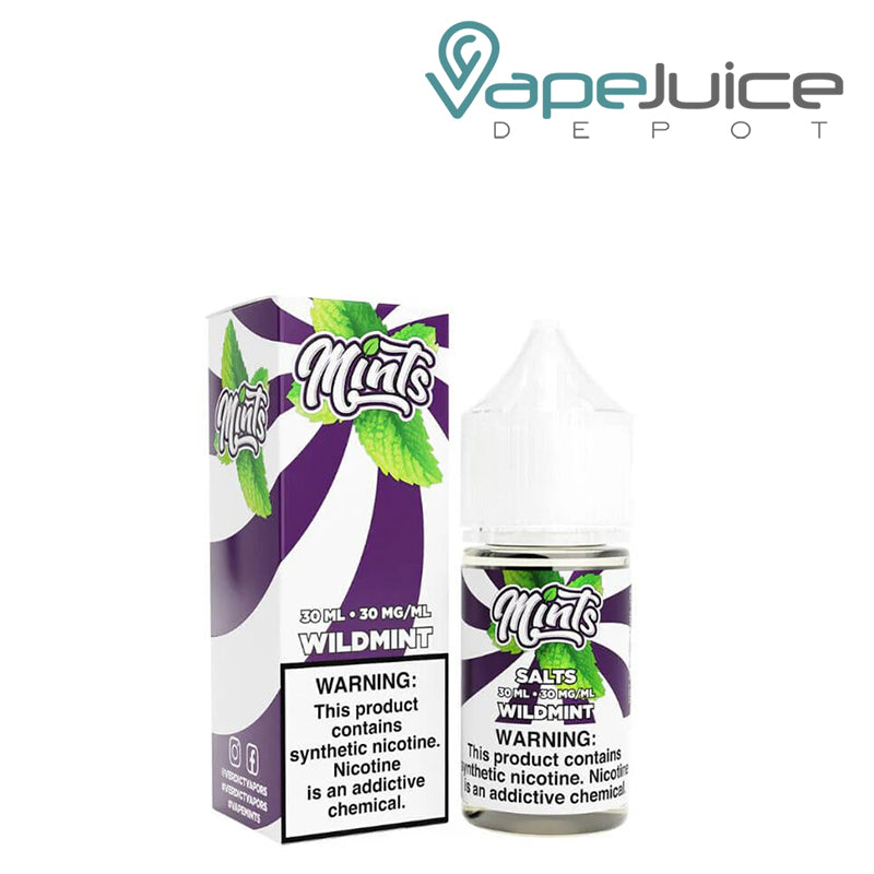 A Box of Wild Mint Mints Salt eLiquid with a warning sign next to its 30ml bottle - Vape Juice Depot