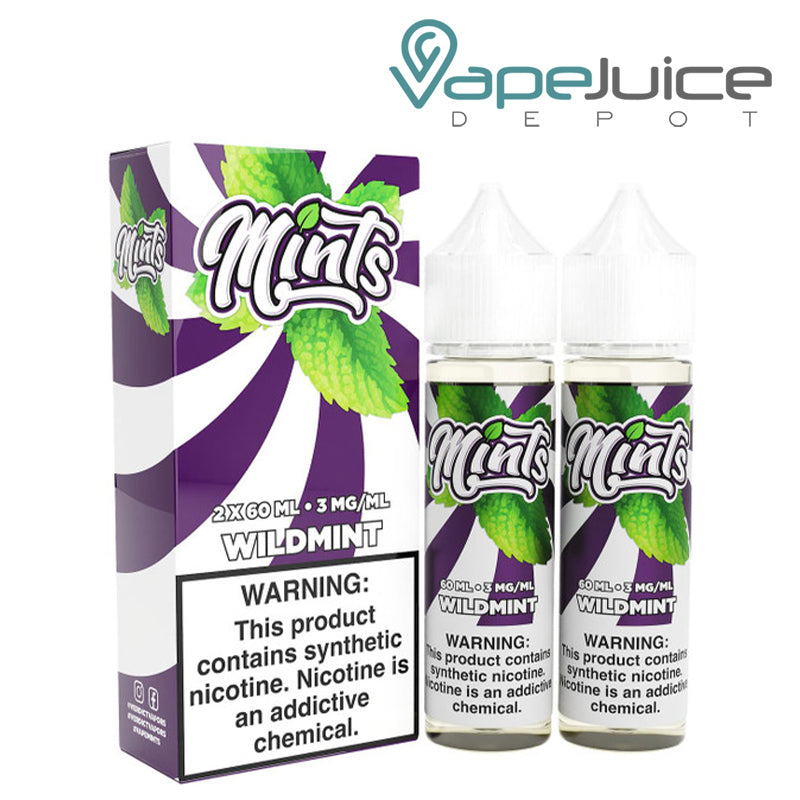 A Box of Wild Mint Mints eLiquid with a warning sign next to its two 60ml bottles - Vape Juice Depot