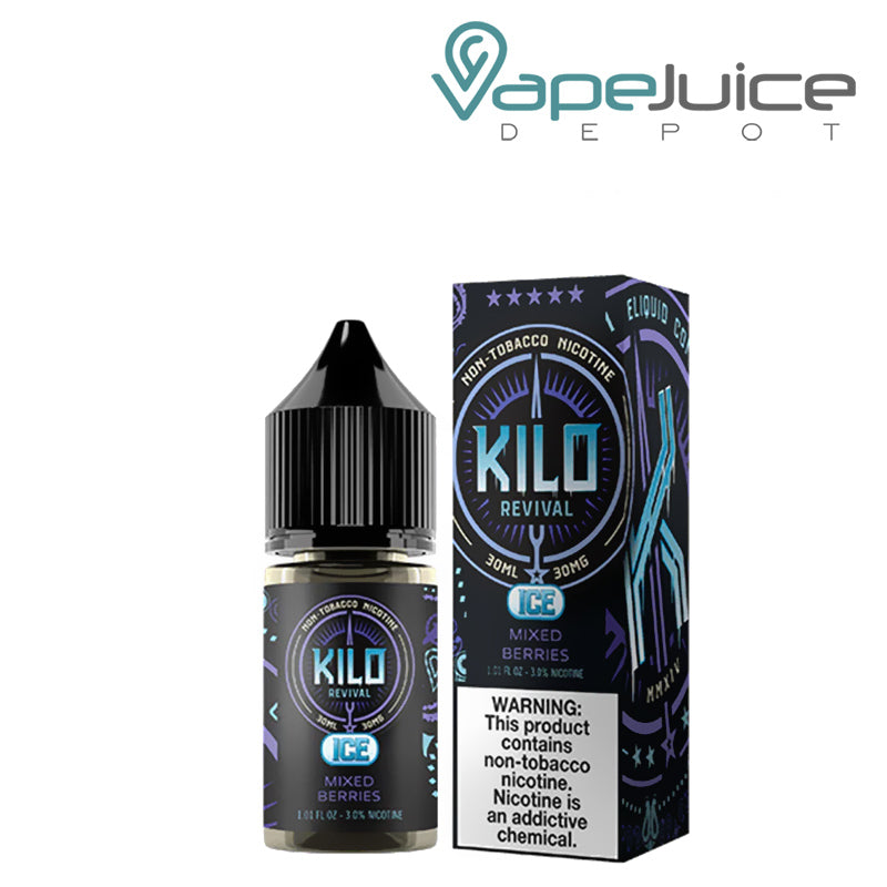 A 30ml bottlr of Mixed Berries Ice Kilo Revival TFN Salt and a box with a warning sign next to it - Vape Juice Depot