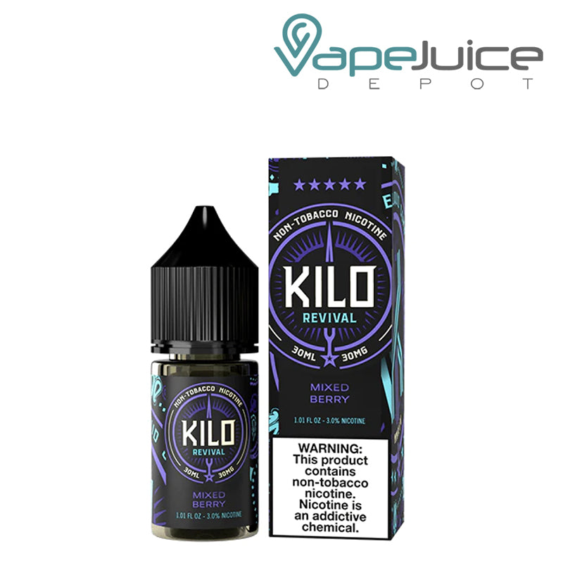 A 30ml bottle of Mixed Berries Kilo Revival TFN Salt and a box with a warning sign next to it - Vape Juice Depot