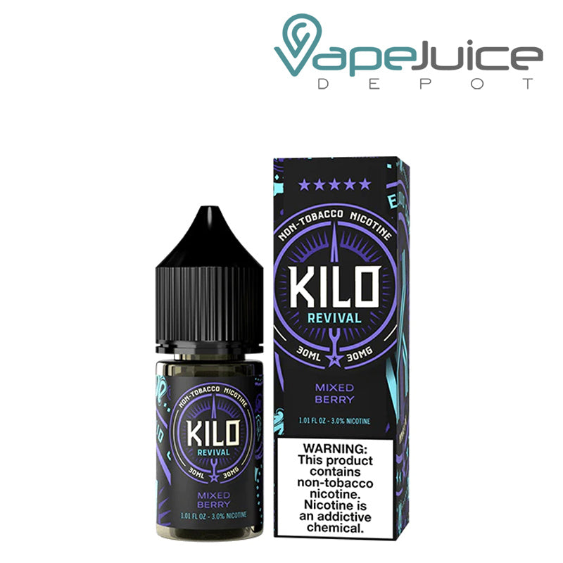 A 30ml bottle of Mixed Berries Kilo Revival TFN Salt and a box with a warning sign next to it - Vape Juice Depot