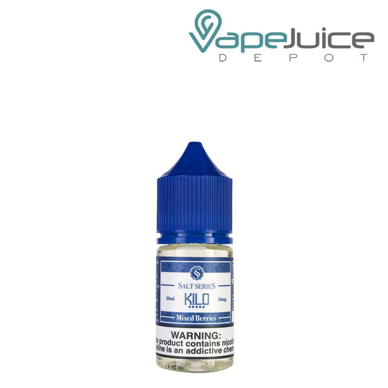 A 30ml bottle of Mixed Berries KILO Salt Series with a warning sign - Vape Juice Depot