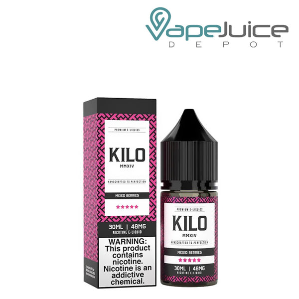 A box of Mixed Berries Salts Kilo eLiquid with a warning sign and a 30ml bottle - Vape Juice Depot