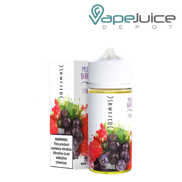 A box of Mixed Berries Skwezed eLiquid with a warning sign and a 100ml bottle next to it - Vape Juice Depot