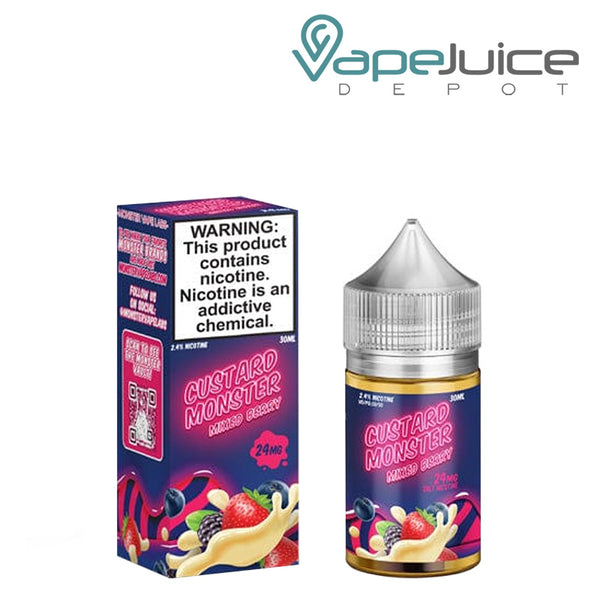 A box of Mixed Berry Custard Monster Salts with a warning sign and a 30ml bottle next to it - Vape Juice Depot