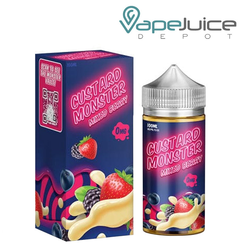 A box of Mixed Berry Custard Monster eLiquid and a 100ml bottle next to it - Vape Juice Depot