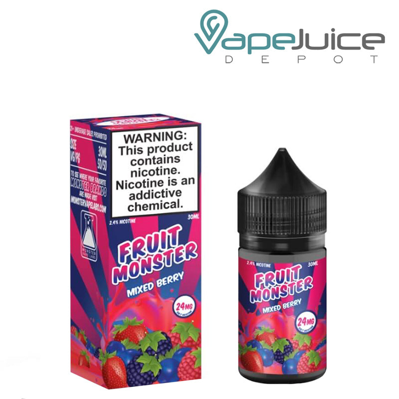 A box of Mixed Berry Fruit Monster Salt with a warning sign and a 30ml bottle next to it - Vape Juice Depot