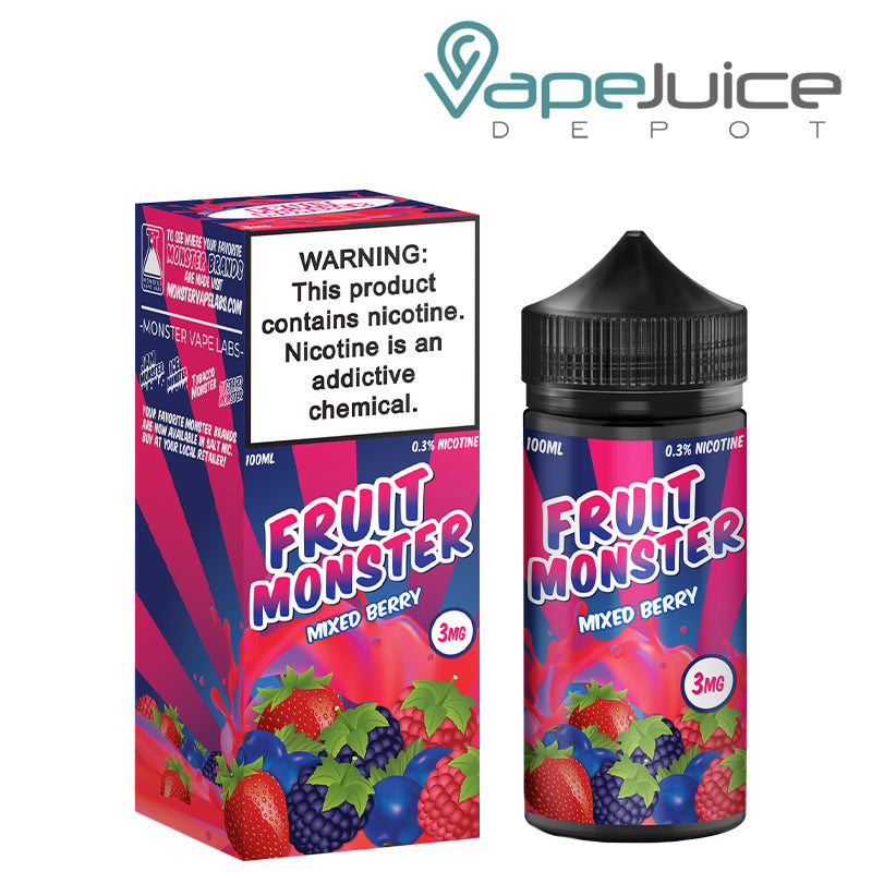 A box of Mixed Berry Fruit Monster eLiquid with a warning sign and a 100ml bottle next to it - Vape Juice Depot
