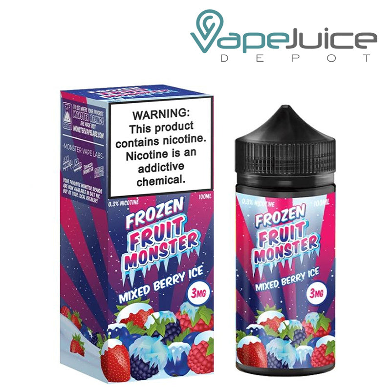 A box of Mixed Berry Ice Frozen Fruit Monster with a warning sign and a 100ml bottle next to it - Vape Juice Depot