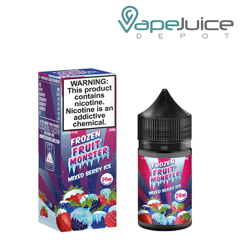 A box of Mixed Berry Ice Frozen Fruit Monster Salts with a warning and a 30ml bottle next to it - Vape Juice Depot