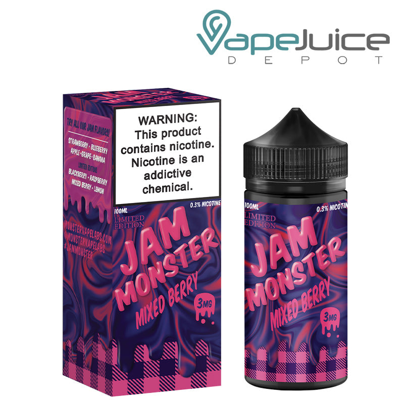 A box of Mixed Berry Jam Monster eLiquid with a warning sign and a 100ml bottle next to it - Vape Juice Depot