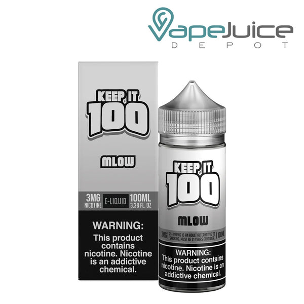A box of Mlow (Mallow) Keep it 100 TFN eLiquid with a warning sign and a 100ml bottle next to it - Vape Juice Depot