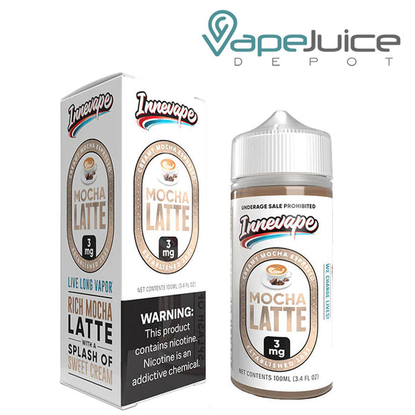 A box of Mocha Latte Innevape TFN eLiquid with a warning sign and a 100ml bottle next to it - Vape Juice Depot