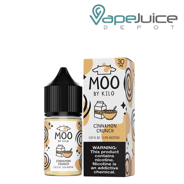 A 30ml bottle of Cinnamon Crunch Moo Salts and a box with a warning sign next to it - Vape Juice Depot