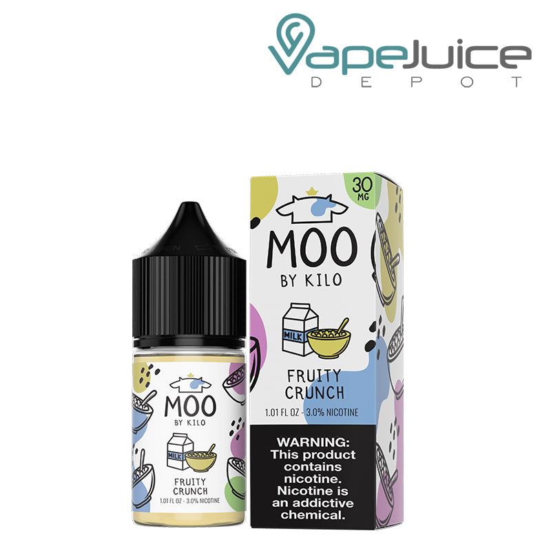 A 30ml bottle of Fruity Crunch Moo Salts and a box with a warning sign next to it - Vape Juice Depot