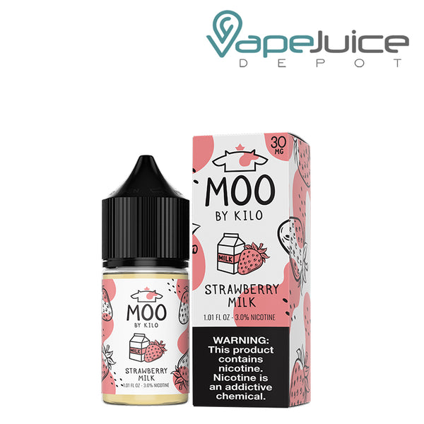 A 30ml bottle of Strawberry Milk Moo Salts and a box with a warning sign next to it - Vape Juice Depot