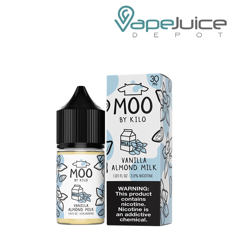 A 30ml bottle of Vanilla Almond Milk Moo Salts and a box with a warning sign next to it - Vape Juice Depot