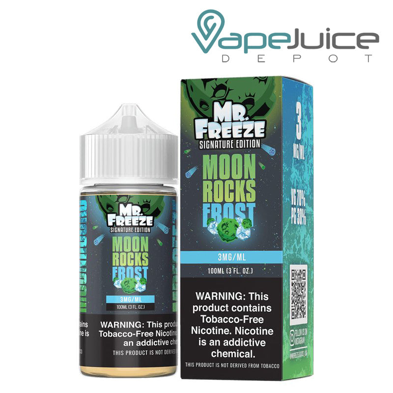 A 100ml bottle of Moonrocks Frost Mr Freeze and a box with a warning sign next to it - Vape Juice Depot