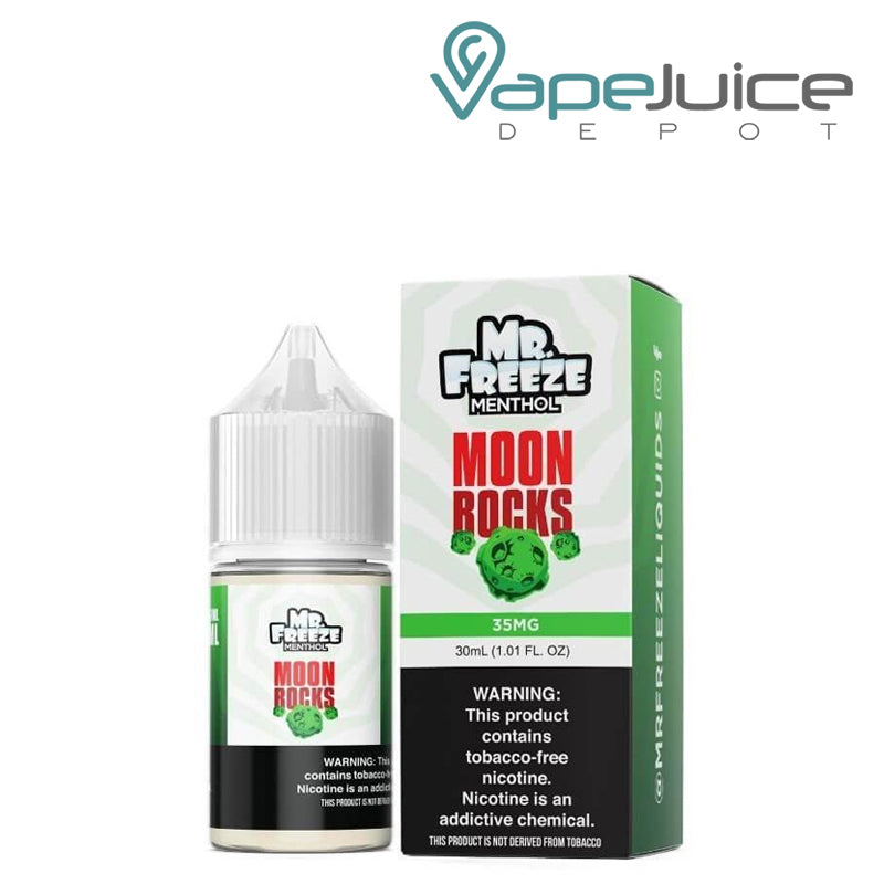 A 30ml bottle of Moonrocks Frost Mr Freeze Salts and a box with a warning sign next to it - Vape Juice Depot