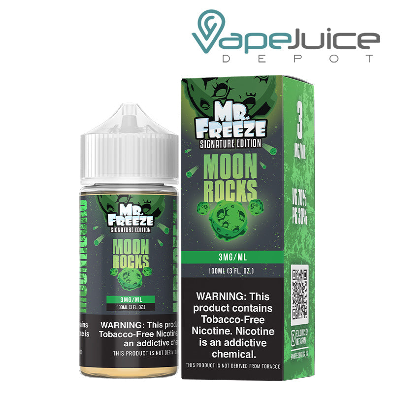 A 100ml bottle of Moonrocks Mr Freeze and a box with a warning sign next to it - Vape Juice Depot