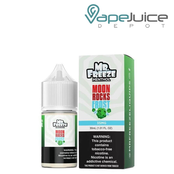 A 30ml bottle of Moonrocks Mr Freeze Salts and a box with a warning sign next to it - Vape Juice Depot